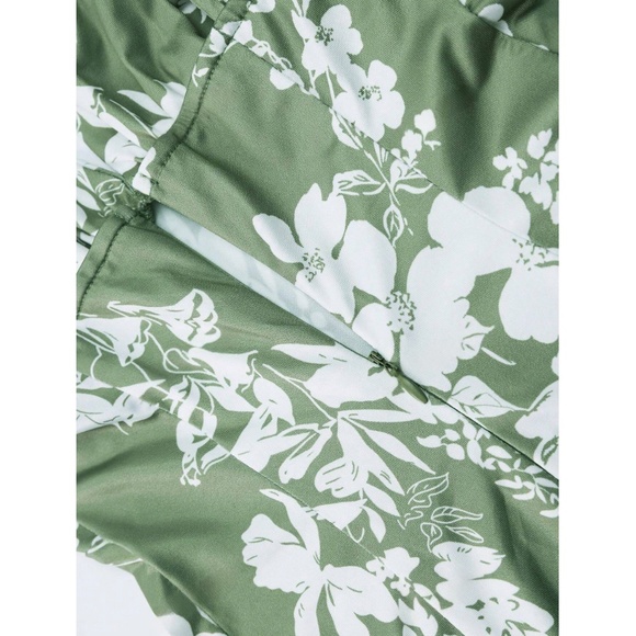 Floral Print White on Green Long Dress Sheath, Drawstring Ties Maxi Stretchy - Picture 13 of 16